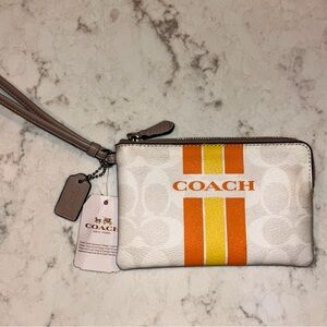 Coach Varsity Stripe Small Wristlet Corner Zip, Chalk and Orange F66052
